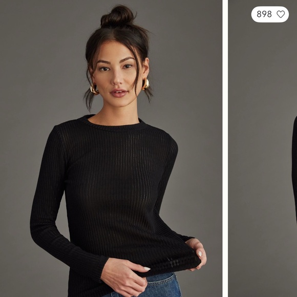Pilcro Sheer Layering Black Ribbed Long Sleeve Top - Picture 2 of 8